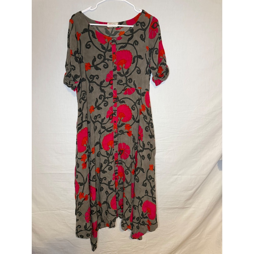 Bombay & Paisley Floral Handkerchief Hem Midi Dress Gray Pink Orange Size M